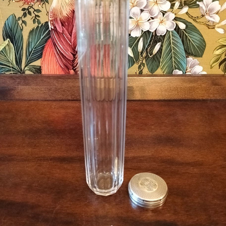 Antique Victorian 1882 silver top ribbed glass dressing table jar hat pins etc ?