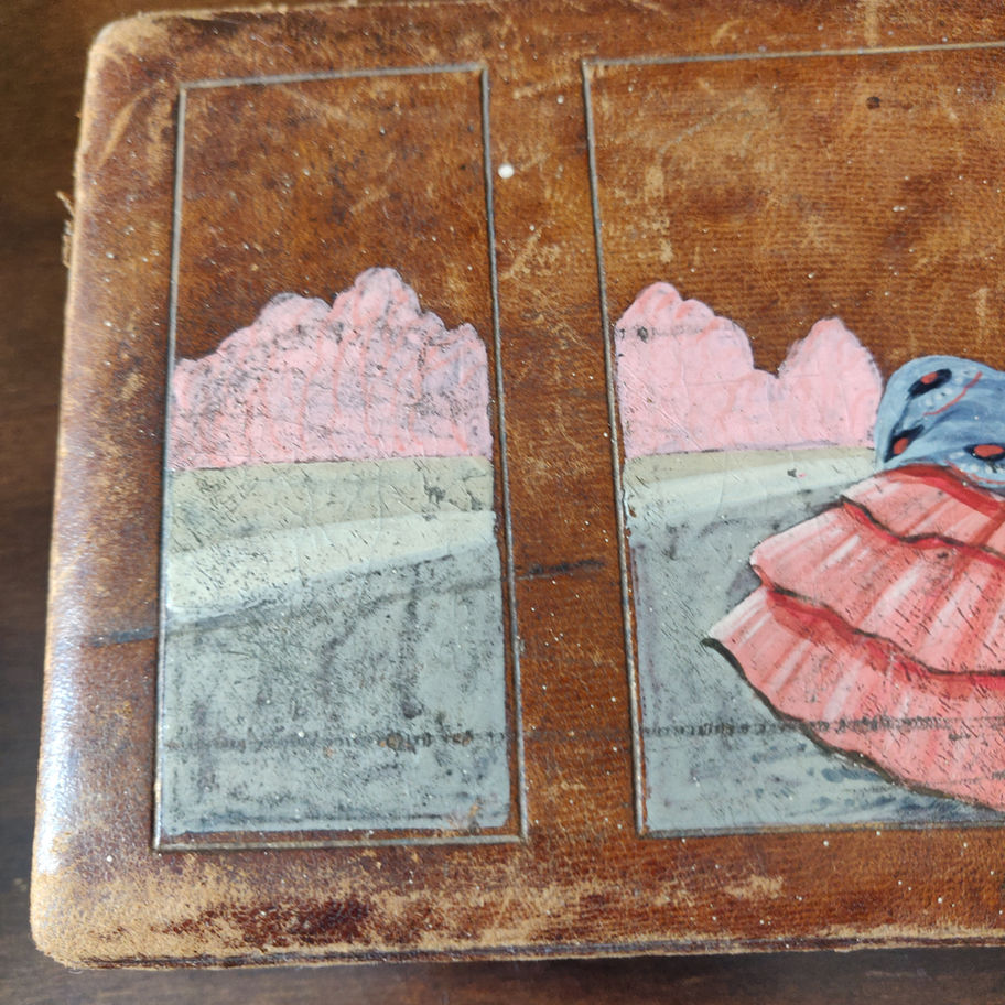 Antique early 20th century Edwardian leather bound silk lined hand painted box