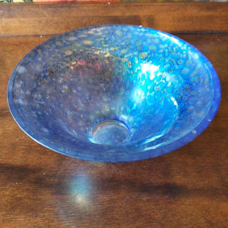 Vintage Iridescent Blue Studio Glass Pedestal Bowl Isle of Wight Michael Harris