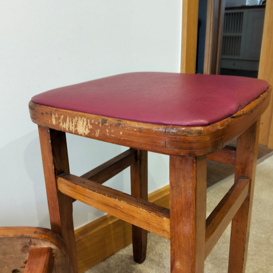Vintage Wooden Stools with Red Upholstered Seats – Mid-Century Utility Charm