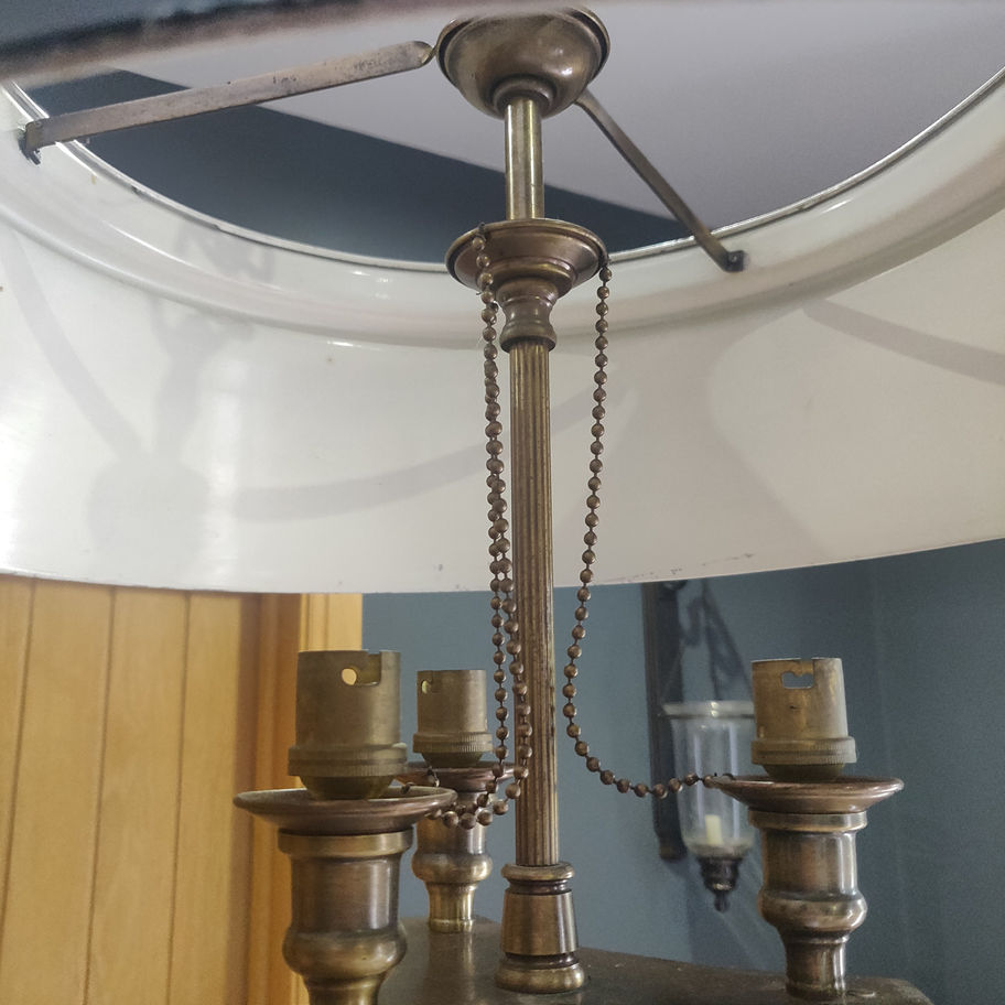 Antique early 20th century bouillotte brass and enamel 3 light ceiling light
