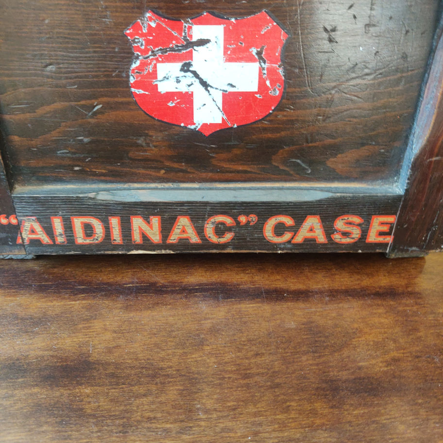 Vintage early 20th century possibly military pine first aid case Switzerland