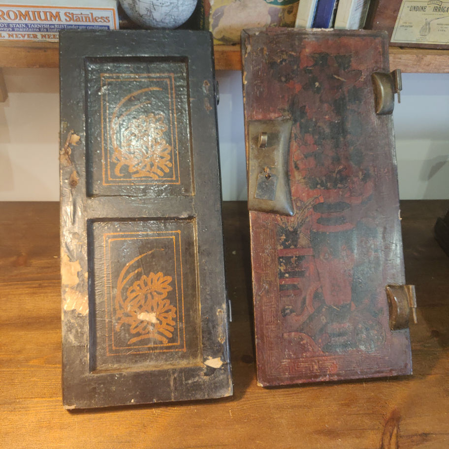Antique Victorian late 19th or early 20th cent oak Chinese hand painted panels