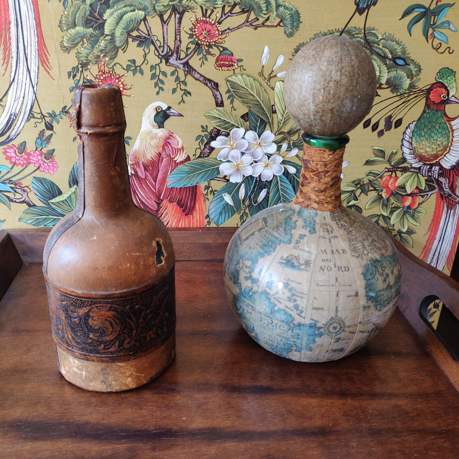 Vintage Italian leather bound glass decanter lovely decorative item