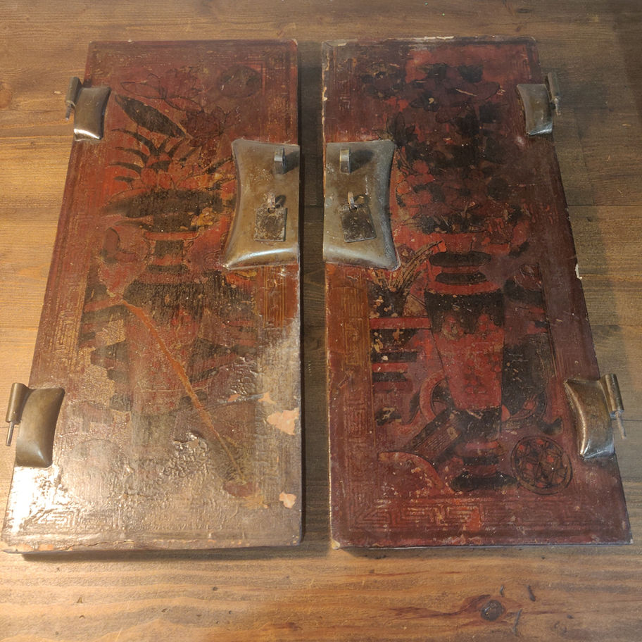 Antique Victorian late 19th or early 20th cent oak Chinese hand painted panels