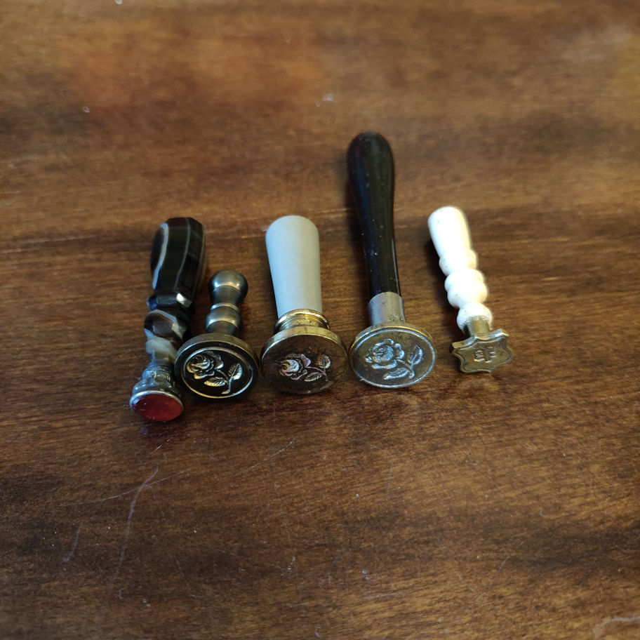Antique set of 5 miniature wax seals late 19th Victorian emblems initials etc