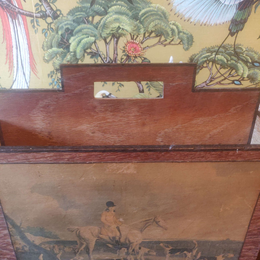 Antique art deco pine magazine rack showing a hunting scene