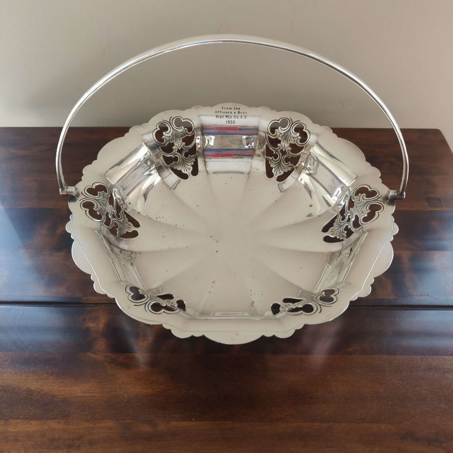 Vintage 1950 epns silver plate swing handle fruit bowl engraved boys brigade