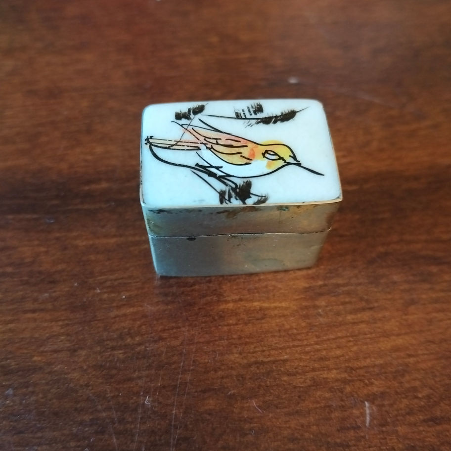 Vintage small metal brass/ silvered pill box with hand painted bird lid