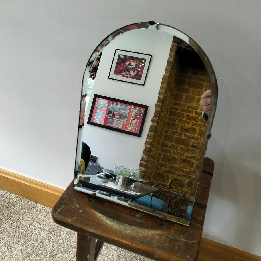 Vintage Art Deco Arched Bevelled Glass Mirror – Wooden Backed – c.1930s–1940s