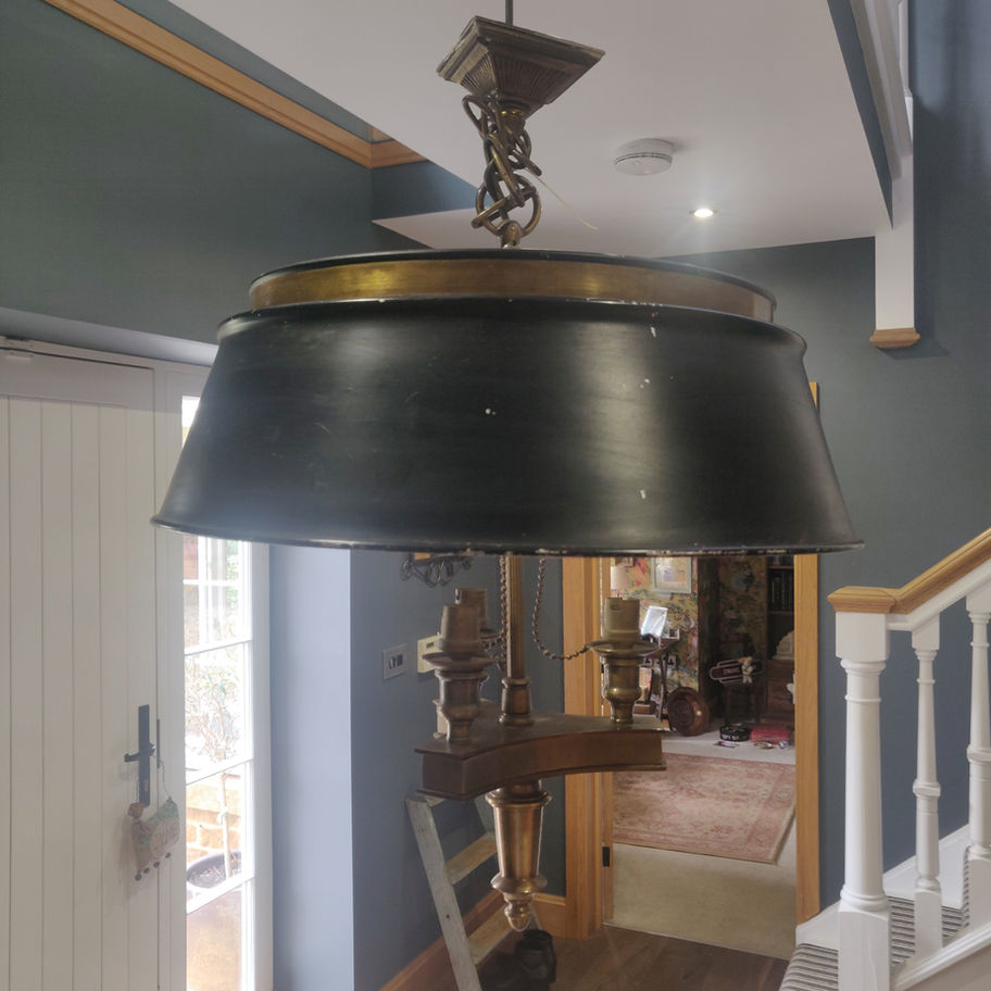 Antique early 20th century bouillotte brass and enamel 3 light ceiling light