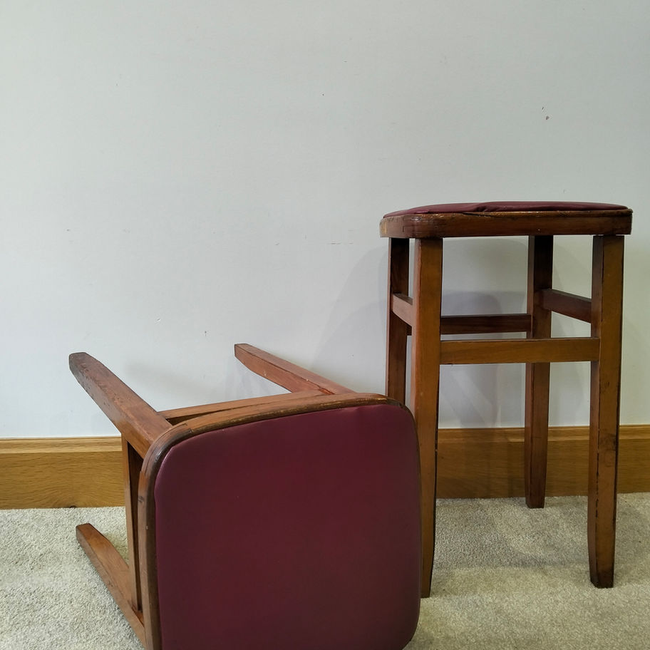 Vintage Wooden Stools with Red Upholstered Seats – Mid-Century Utility Charm