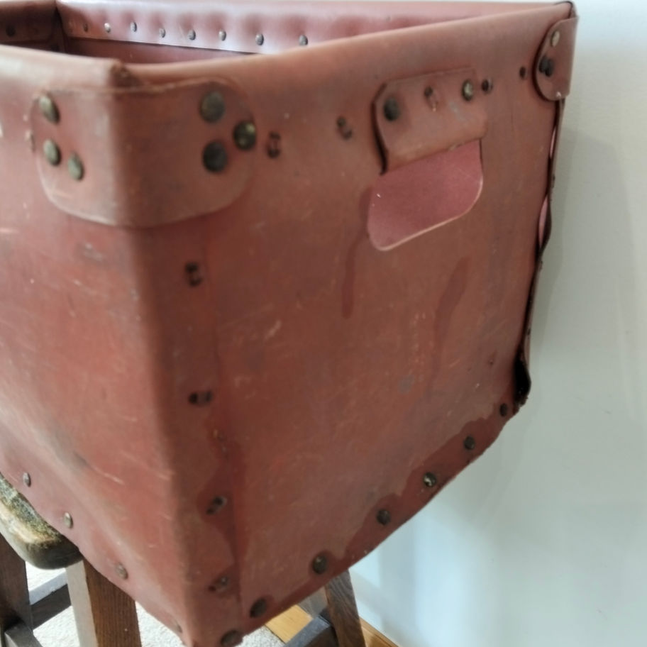 Vintage Riveted Leatherette Storage Bin / Industrial Display Basket
