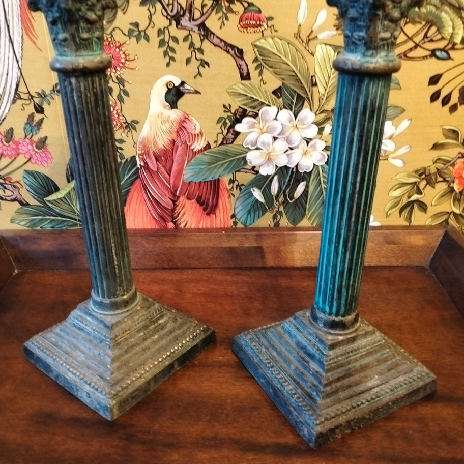 Antique Victorian late 19th or early 20th century Corinthian brass candle sticks