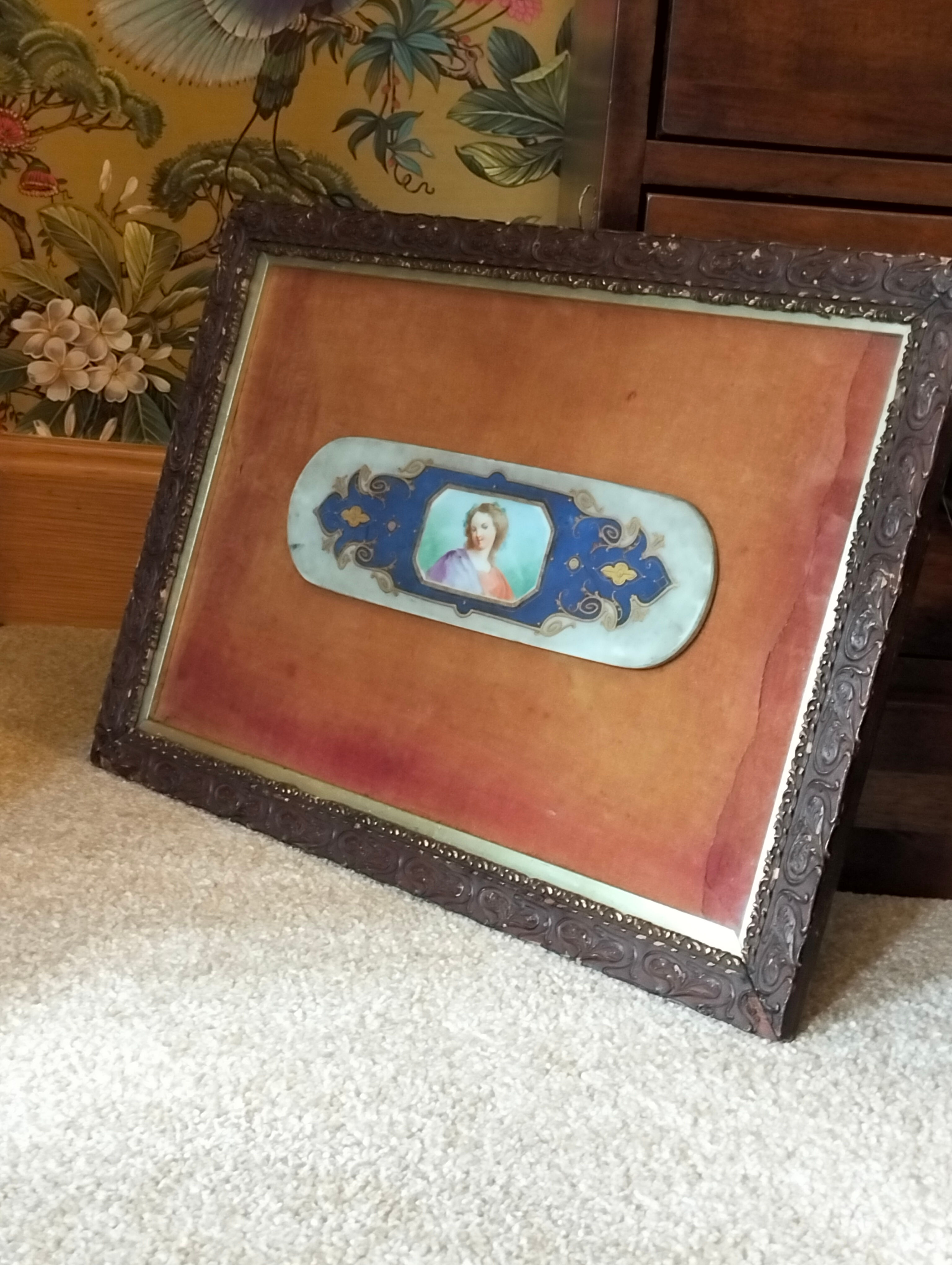 Antique Porcelain Plaque Portrait – Classical Lady After Raphael? – Ornate Frame