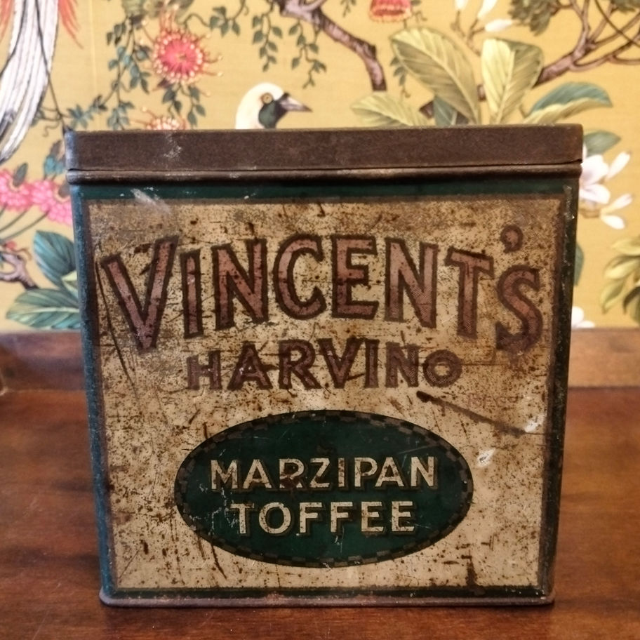 Vintage Vincent’s Harvino Marzipan Toffee Tin England, c. 1920s–1930s