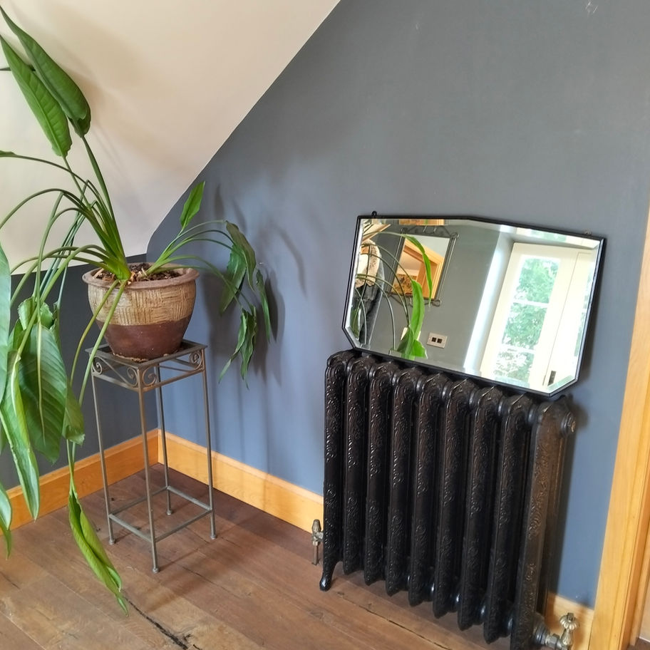 Vintage early 20th century art deco inspired oak and bevelled edge hall mirror!