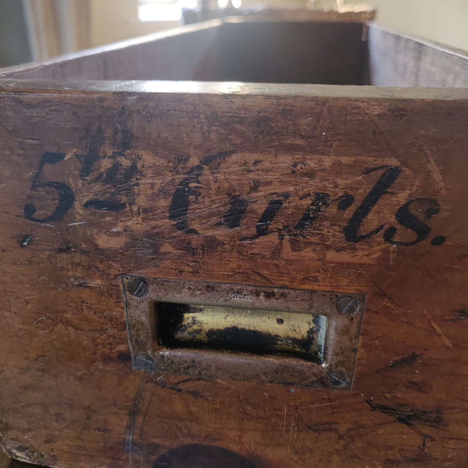 Vintage oak hand made drawer with the wording 5th girls