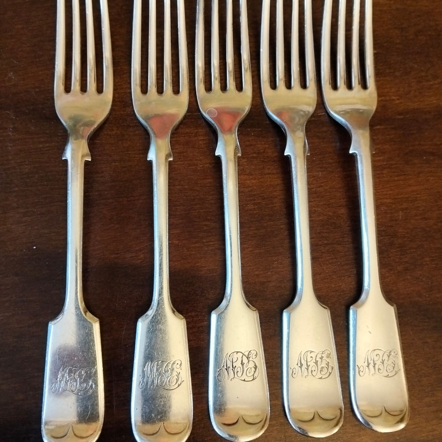 Antique Edwardian early 20th century Mappin and Webb five silver plated forks