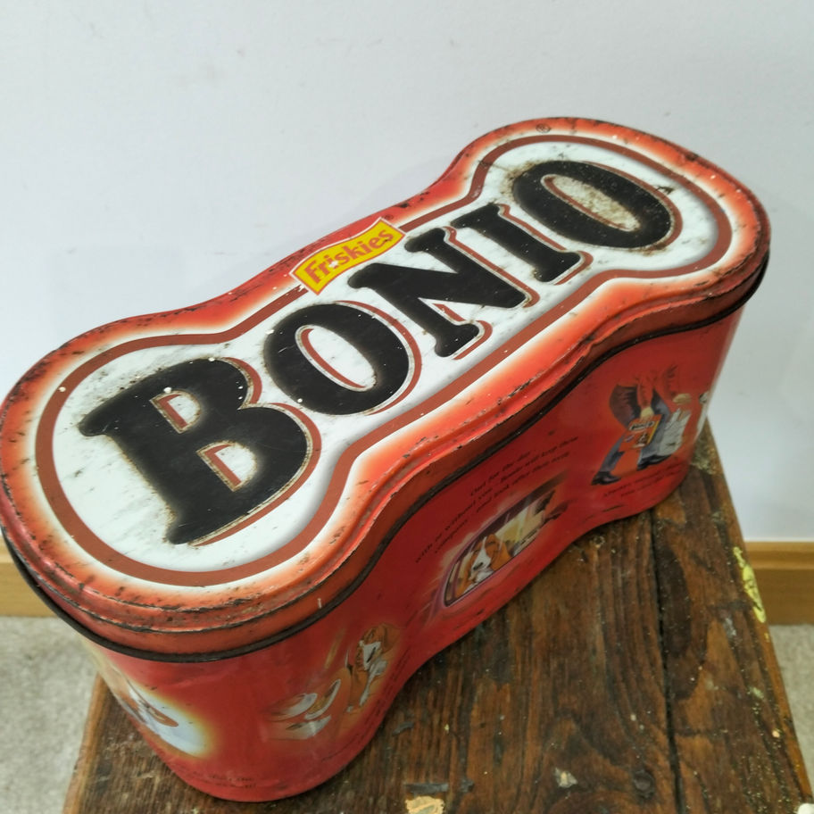 Vintage Friskies Bonio Bone-Shaped Dog Biscuit Tin | Red Advertising Storage Tin