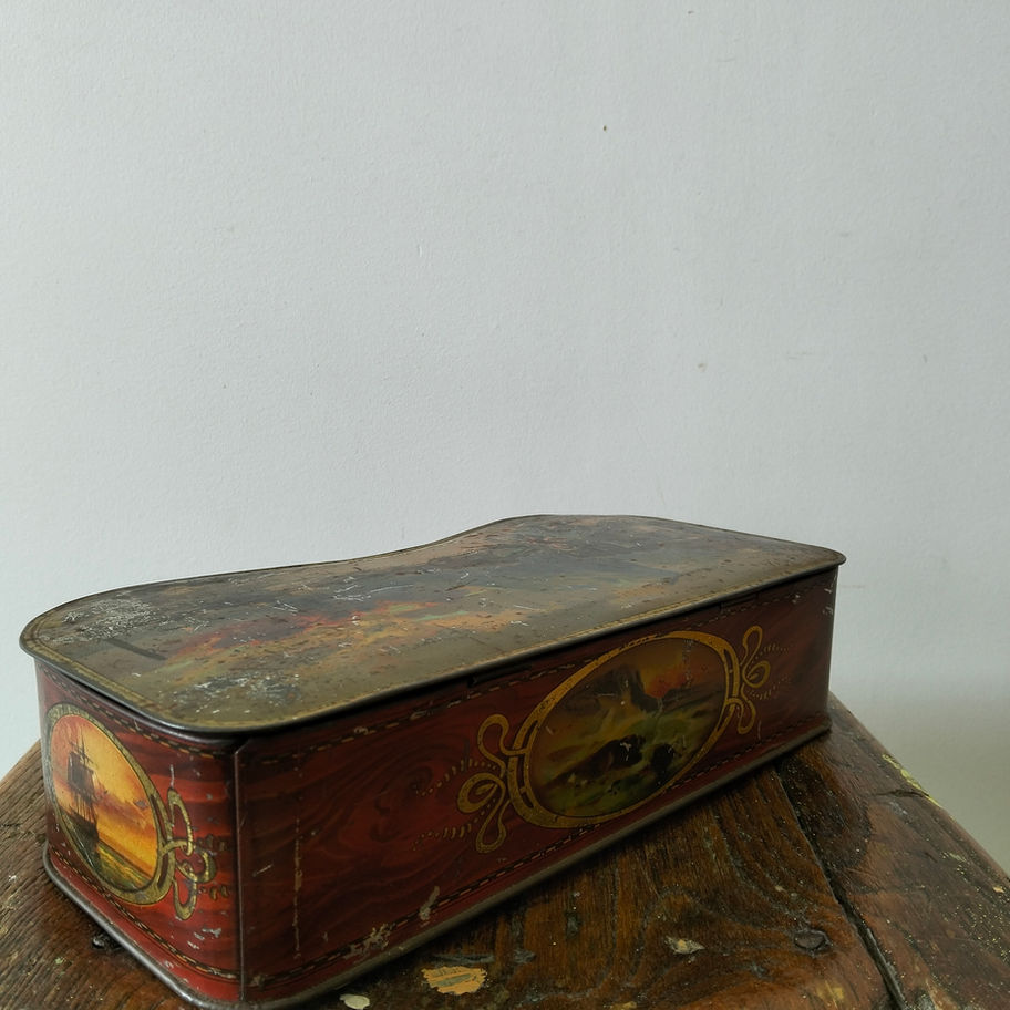 Antique Scenic Lithographed Biscuit Tin – Shaped Form with Rural Landscape