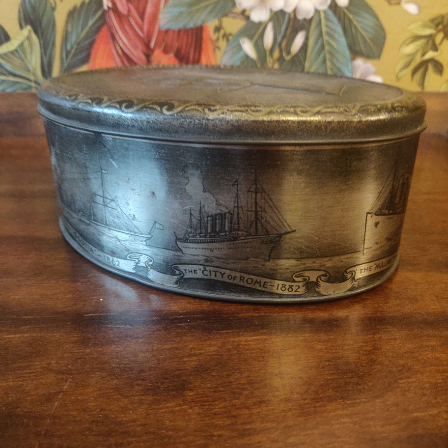 Vintage mid century Benson toffee tin featuring the queen Mary and other ships
