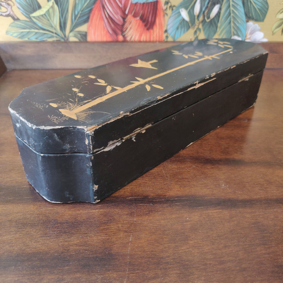 Antique early 20th century or late 19th century laquared and gold leaf glove box
