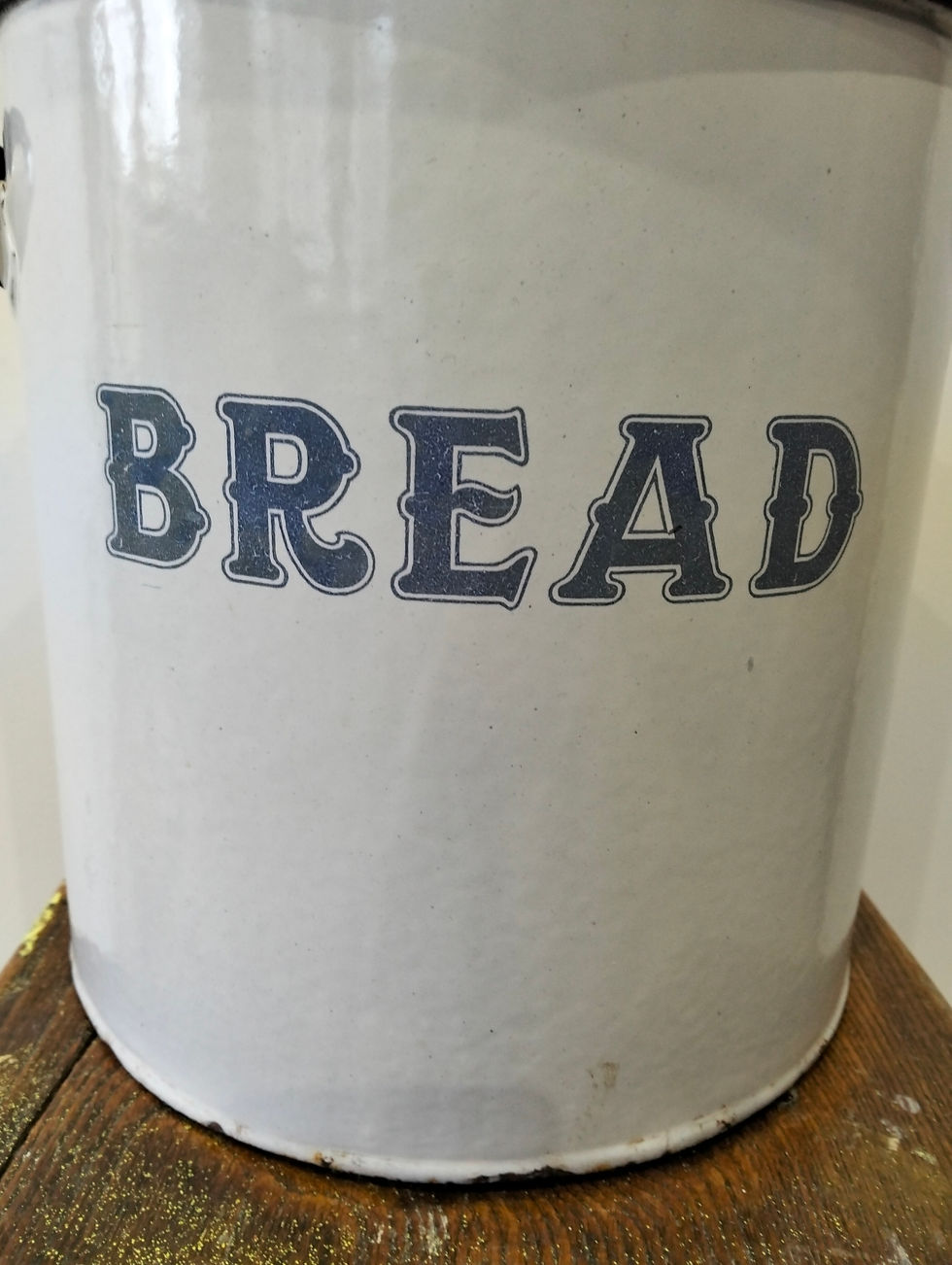 Vintage white and blue enamel bread bin large mid century