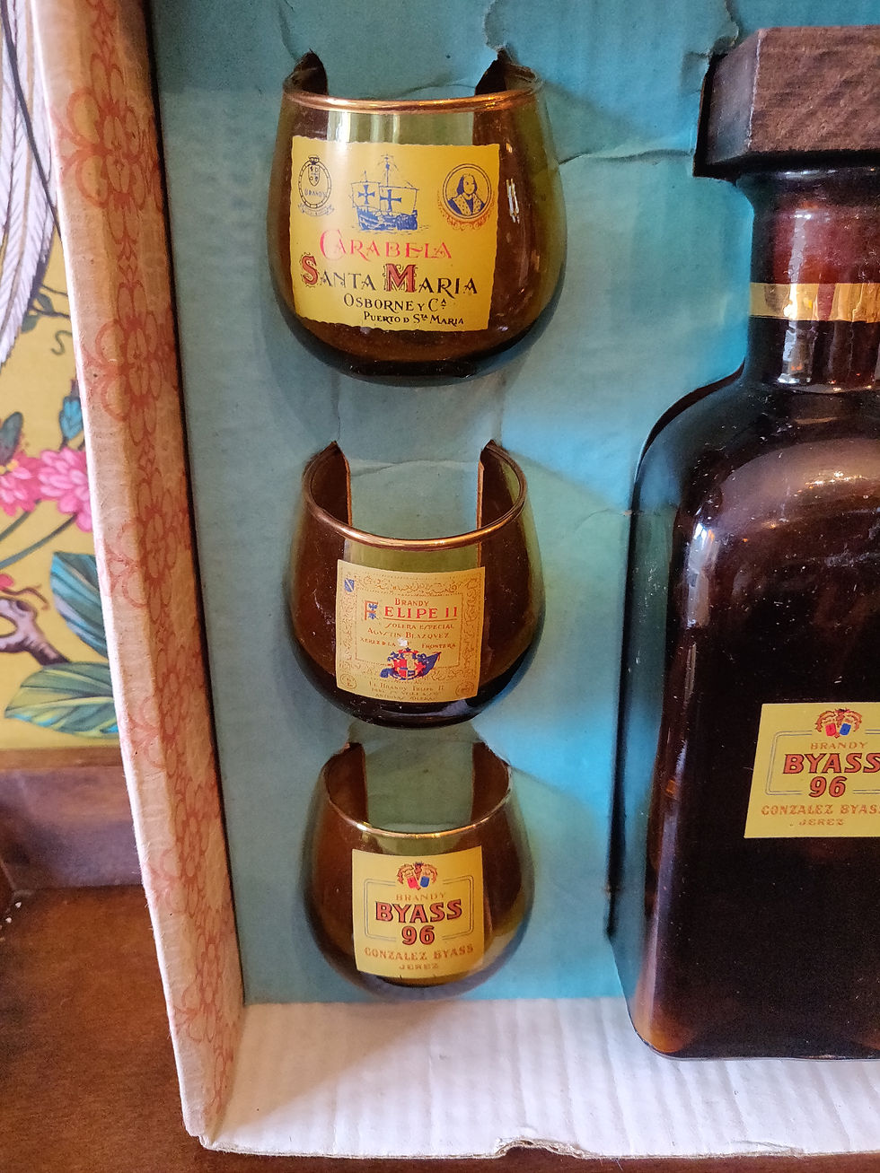 Thumbnail: Vintage Bypass 96 brandy bottle with six original glasses and original box rare!