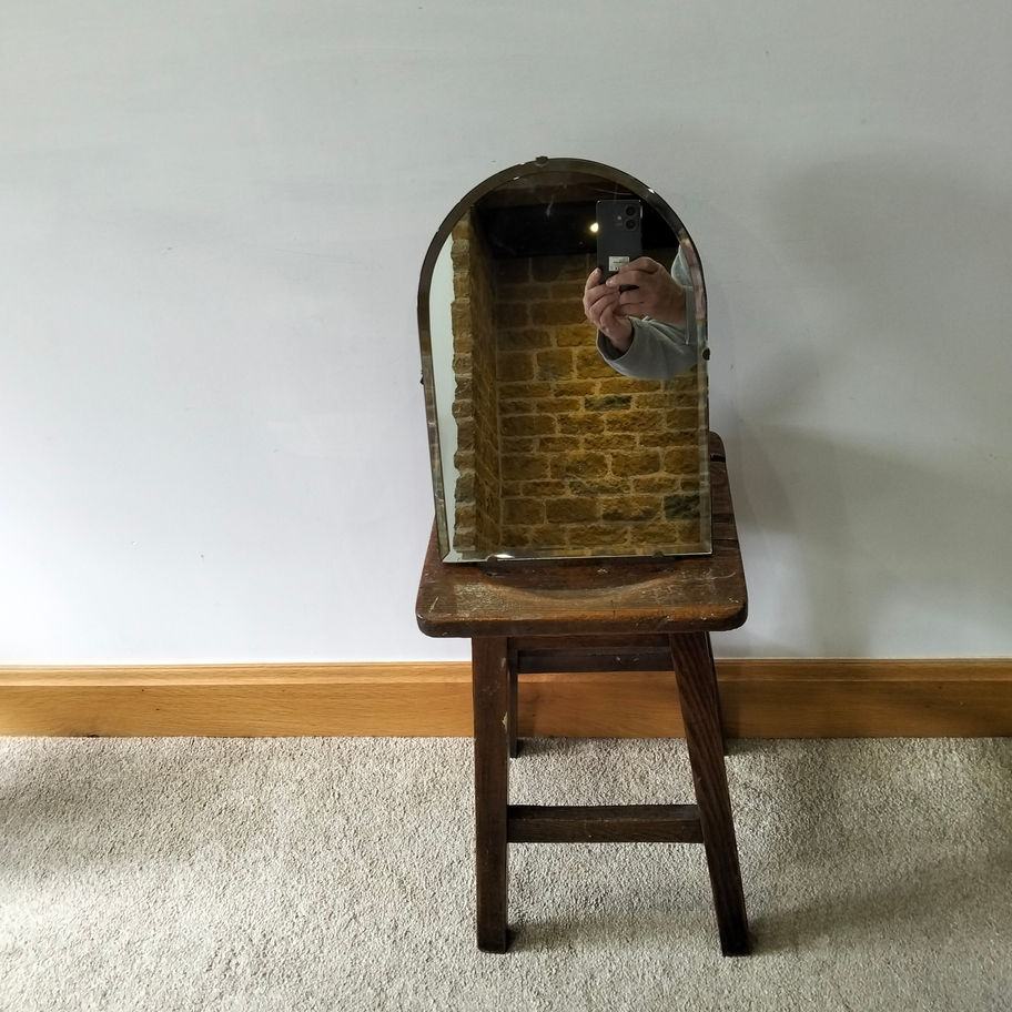 Vintage Art Deco Arched Bevelled Glass Mirror – Wooden Backed – c.1930s–1940s