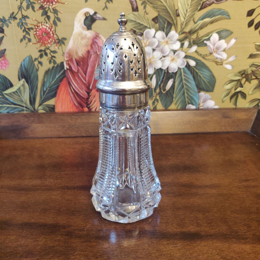 Antique Victorian late 19th century hobnail cut glass silver plate sugar shaker