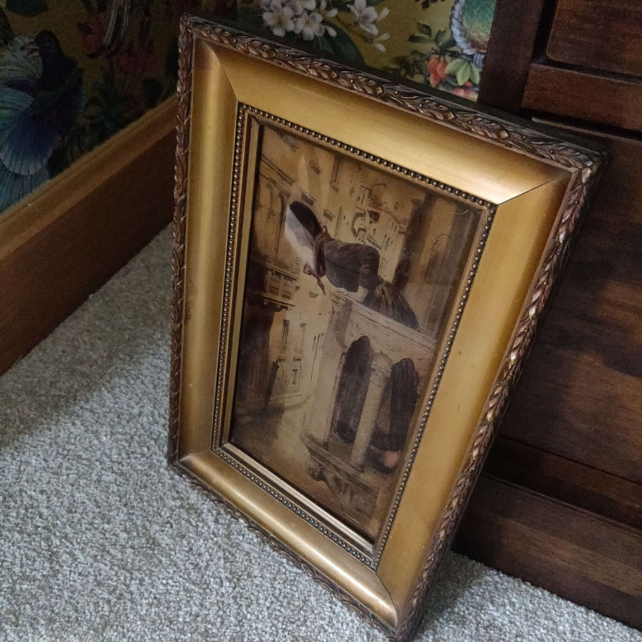 Antique Victorian crystoleum hand painted oil on glass in ornate guilded frame