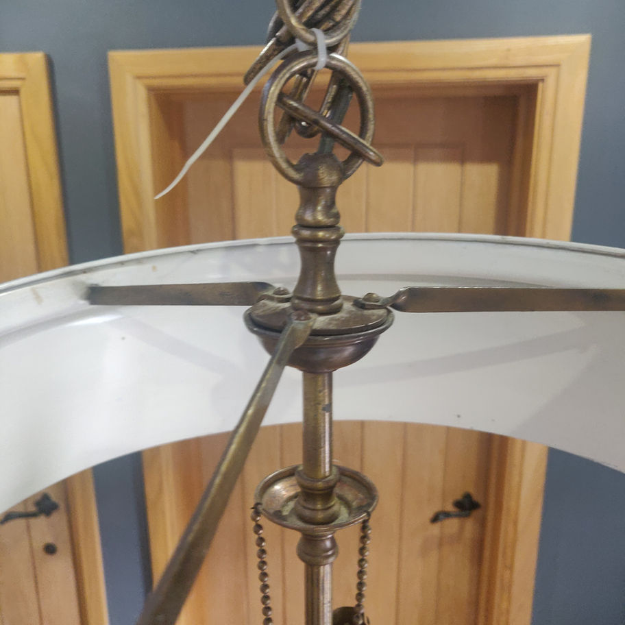 Antique early 20th century bouillotte brass and enamel 3 light ceiling light