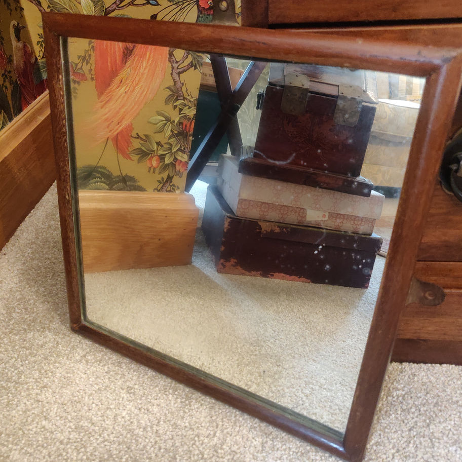 Antique early 20th century oak wall hanging mirror unusual diamond shape hung