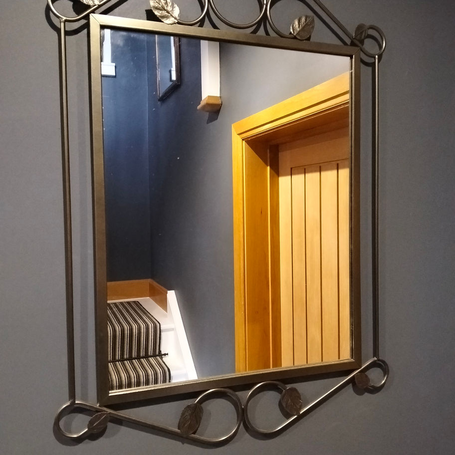 Vintage Wrought Iron Scroll & Leaf Wall Mirror – Dark Metal Frame – Hallway