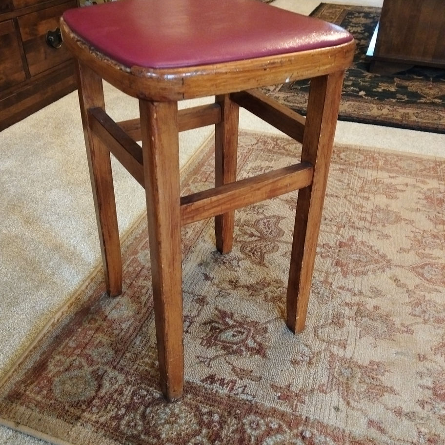 Vintage Wooden Stools with Red Upholstered Seats – Mid-Century Utility Charm