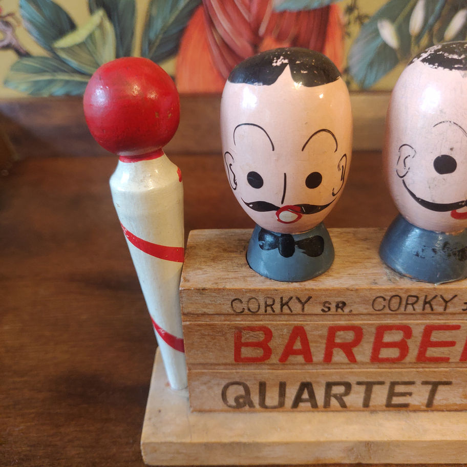 Vintage 1960s wooden hand painted barbers shop bar quartet ( corkscrew etc)