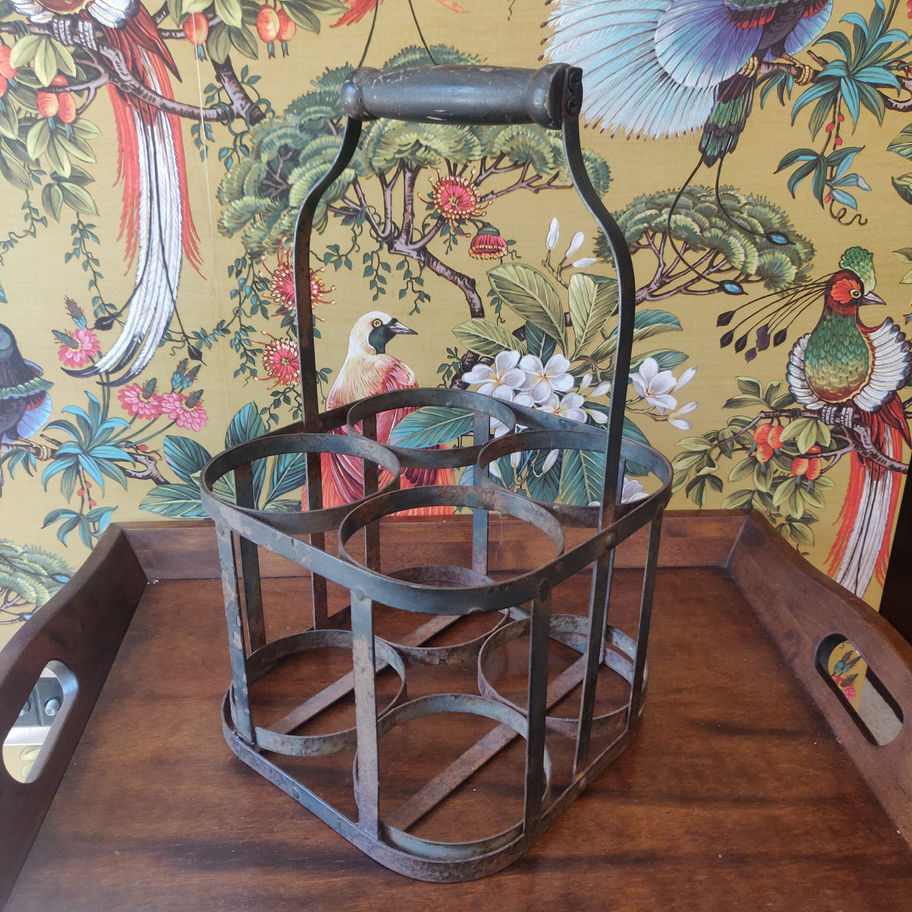 Vintage wrought iron 4 bottle carrier with oak handle original not reproduction!