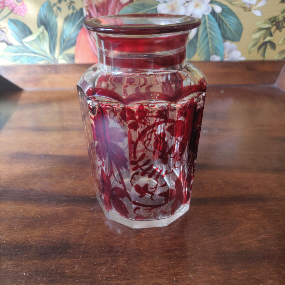 Antique Victorian late 19th century Bohemian crystal hand reverse painted jar