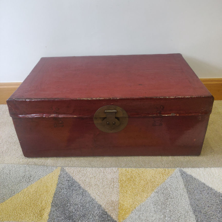 Vintage May be older Chinese red lacquered two handled trunk very bright !!
