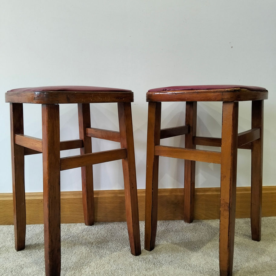Vintage Wooden Stools with Red Upholstered Seats – Mid-Century Utility Charm