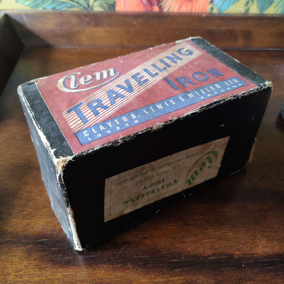 Vintage 1950s gem travelling iron in original box with everything present