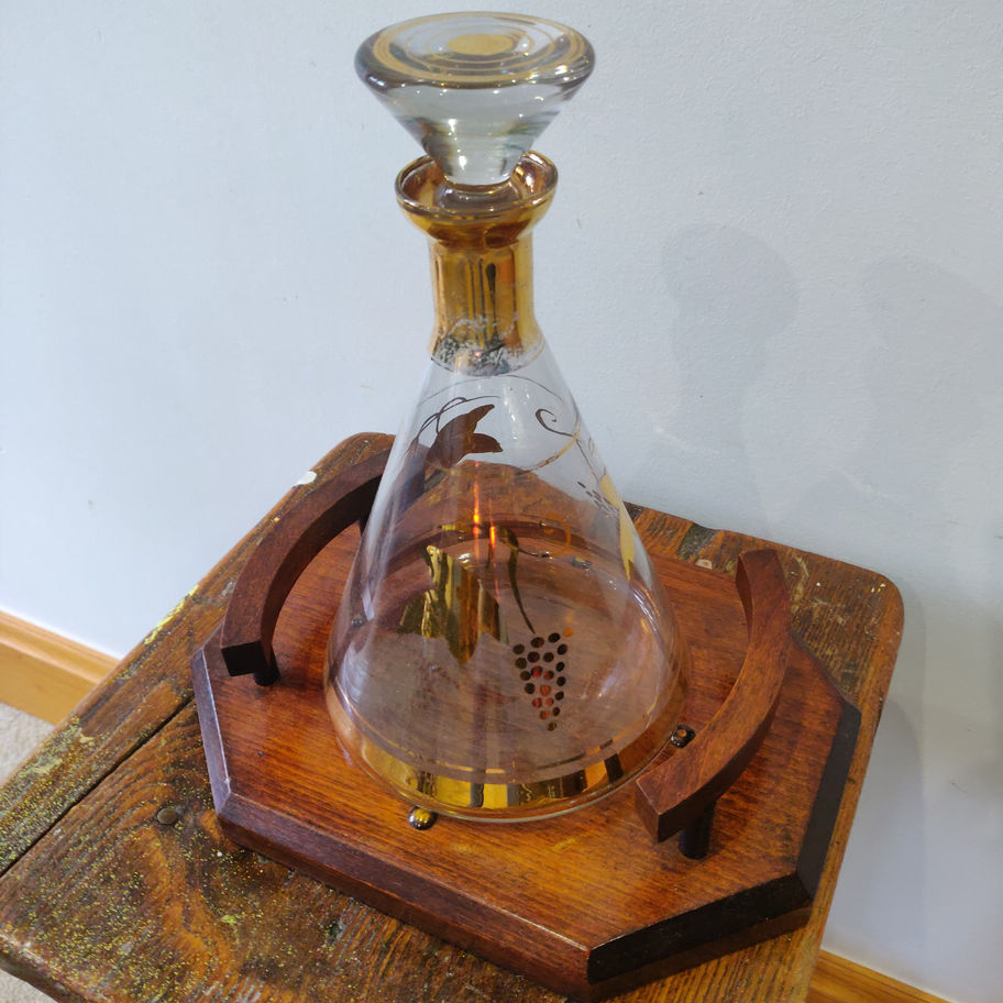 Vintage mid century Bohemian glass wine decanter with lovely oak stand
