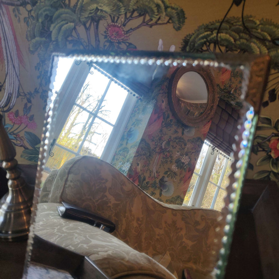 Vintage arts and crafts 1940s oak and bevelled edge copper corner table mirror