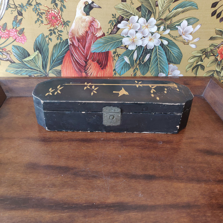 Antique early 20th century or late 19th century laquared and gold leaf glove box