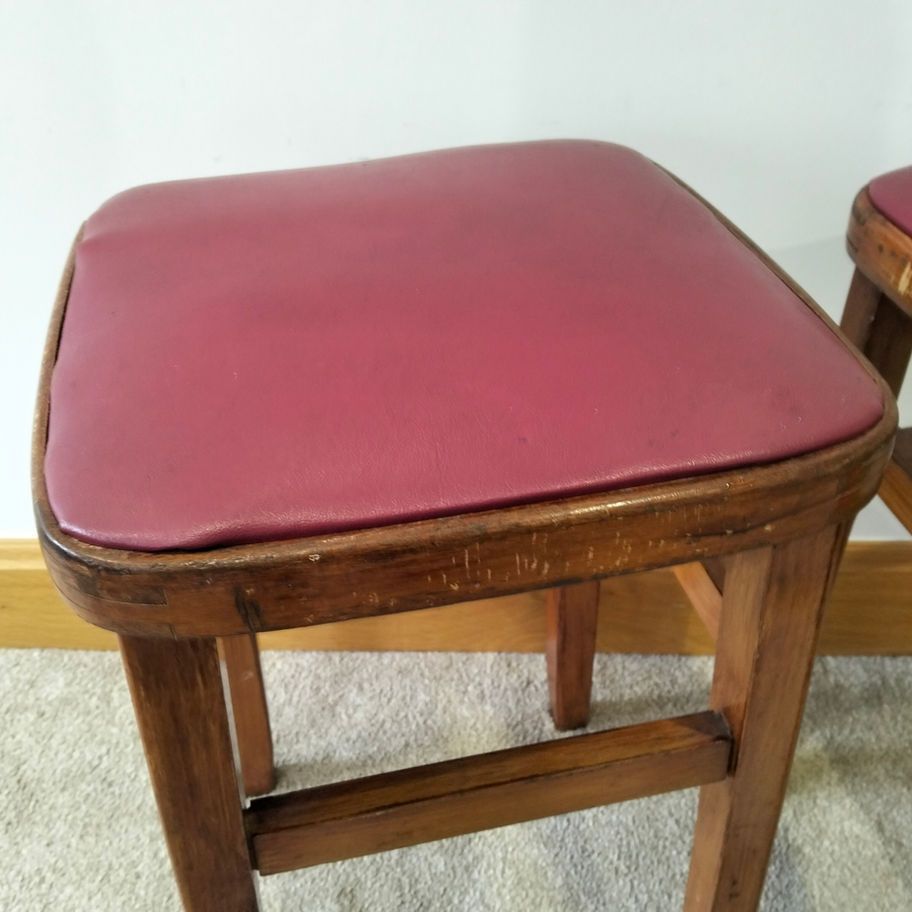 Vintage Wooden Stools with Red Upholstered Seats – Mid-Century Utility Charm