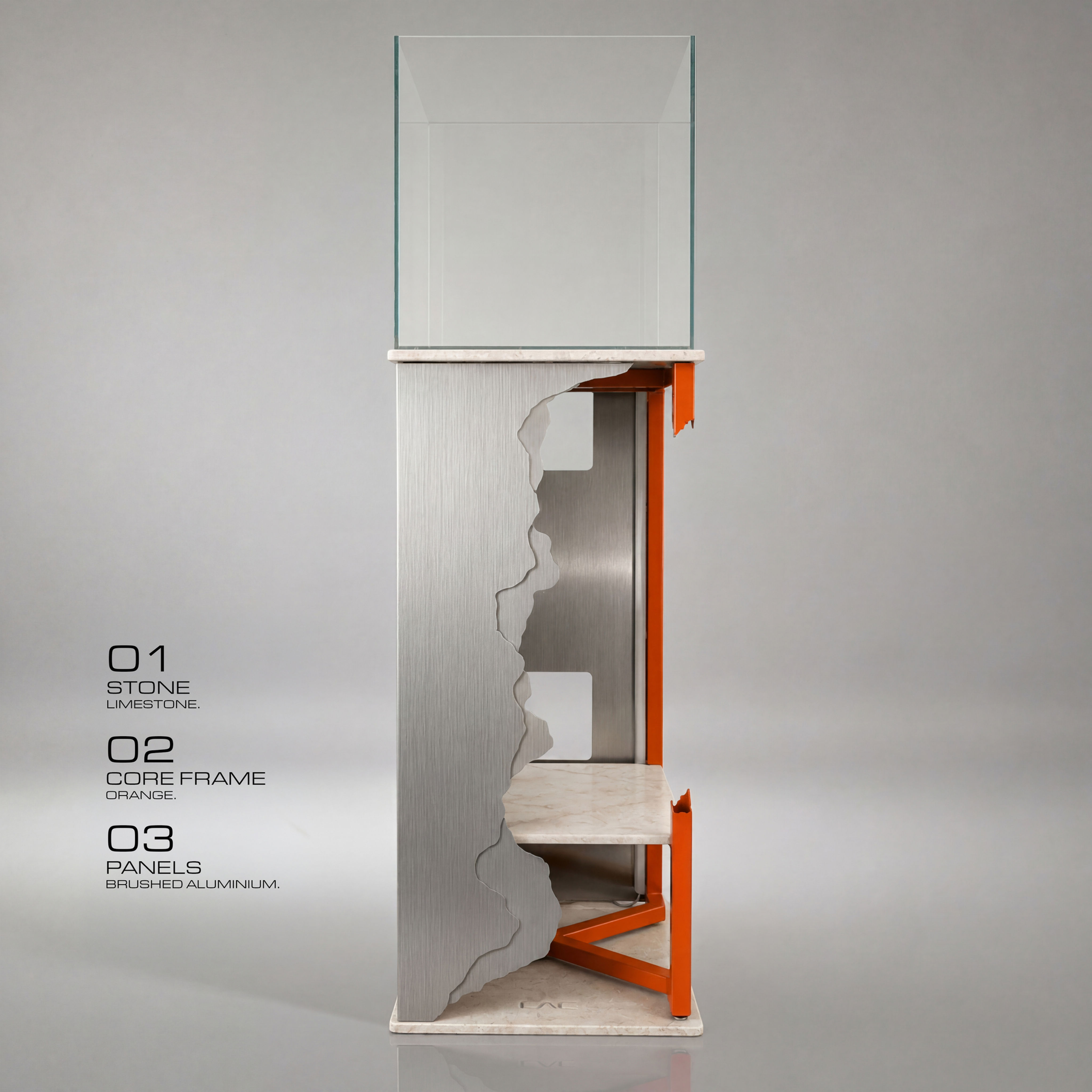 Living Art Concepts FORM 0.0 Special Edition Aquarium Furniture - Front View - Aluminium panels, orange frame