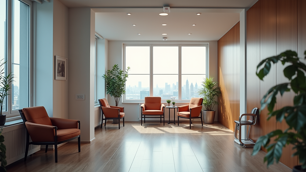 Eye-level view of a modern psychologist's office with comfortable seating