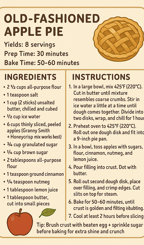 "Classic recipe card for Old-Fashioned Apple Pie. Beige background with a hand-drawn lattice pie illustration. Features a full ingredient list including flour, butter, apples, sugar, cinnamon, nutmeg, and lemon juice, plus detailed steps for making homemade pie crust, preparing apple filling, and baking until golden brown."