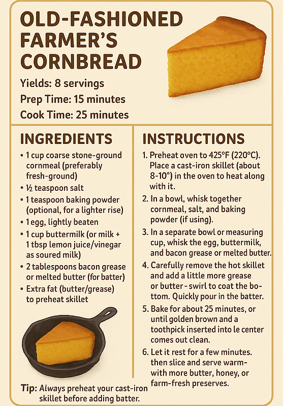 "Recipe card for Old-Fashioned Farmer’s Cornbread with a warm beige background. The card features a golden-brown slice of cornbread at the top right and a small skillet illustration at the bottom. The layout is divided into two columns: the left lists ingredients including stone-ground cornmeal, buttermilk, egg, and butter; the right provides step-by-step baking instructions. A tip at the bottom advises preheating a cast-iron skillet for a crispy crust."